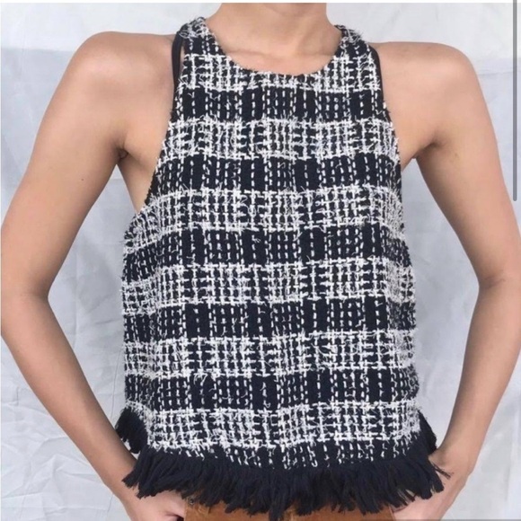 ZARA black and whiteTweed fringe hem sleeveless A-line Top. Size L - Picture 1 of 9